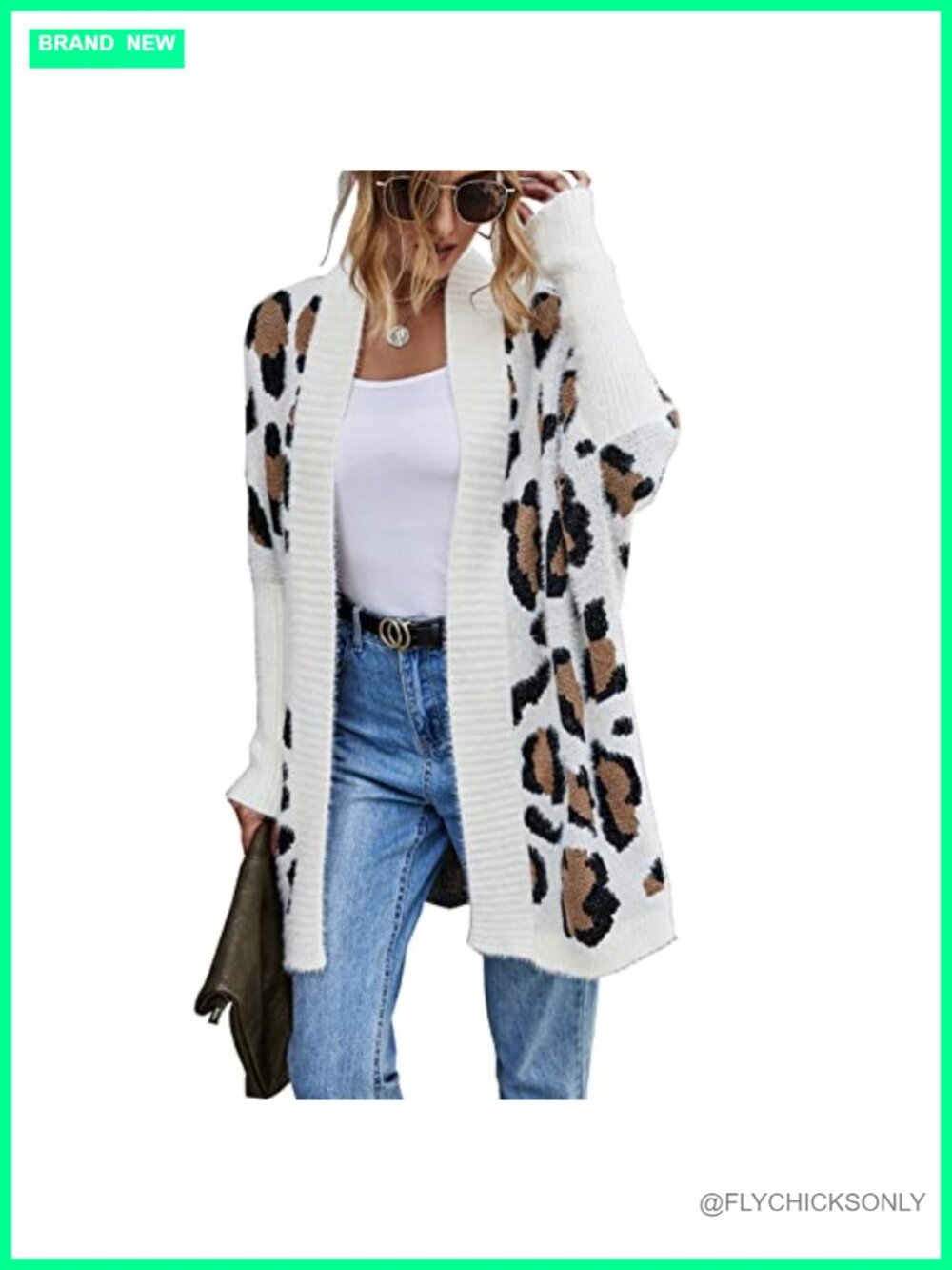 Women's Leopard Print Fuzzy Knit Cardigan Open Front Long Sleeve Loose Fit